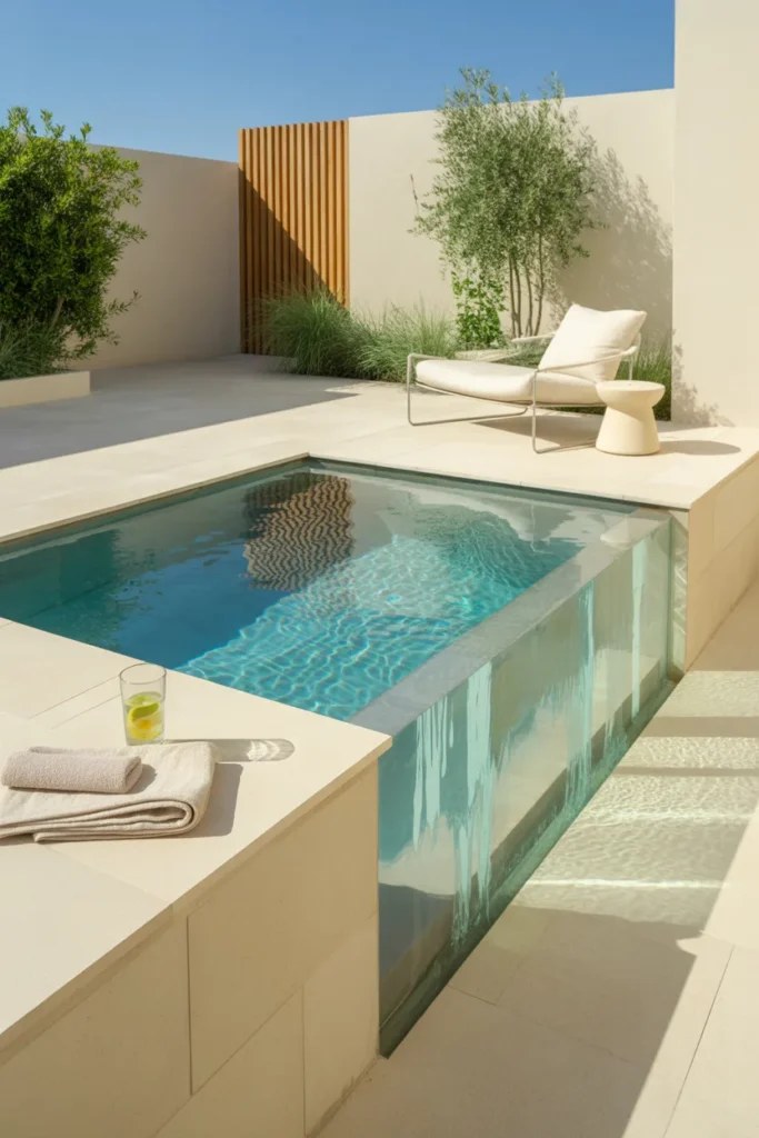 Modern small plunge pool with glass fencing for safety.