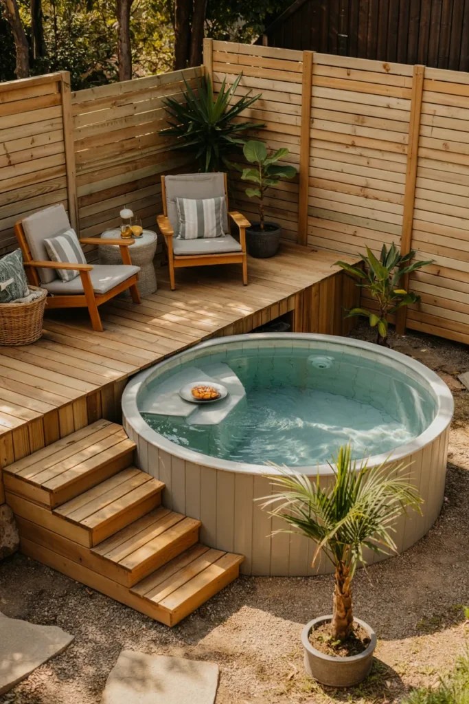 Charming small plunge pool design with decorative stones.