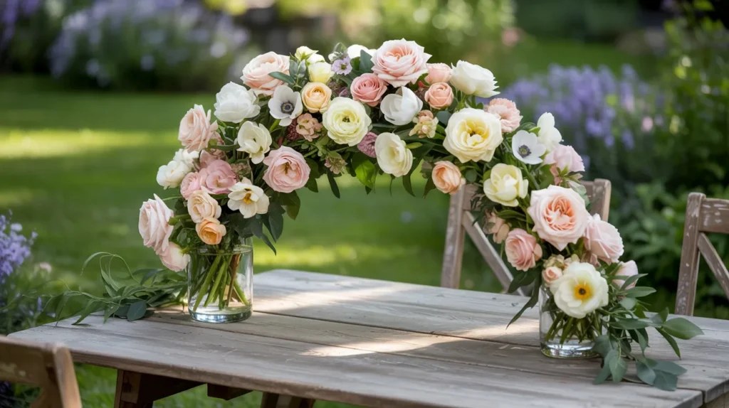 A captivating sculptural floral arrangement in a modern entryway.