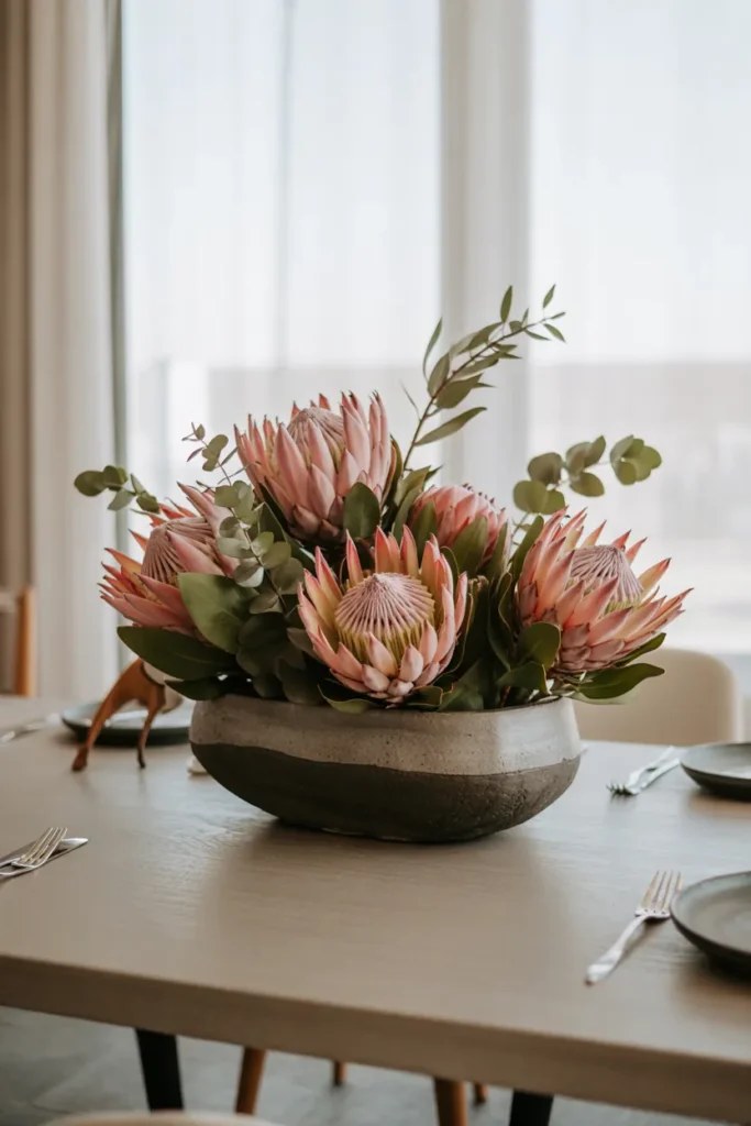 Playful arrangement of colorful succulents and spring flowers.