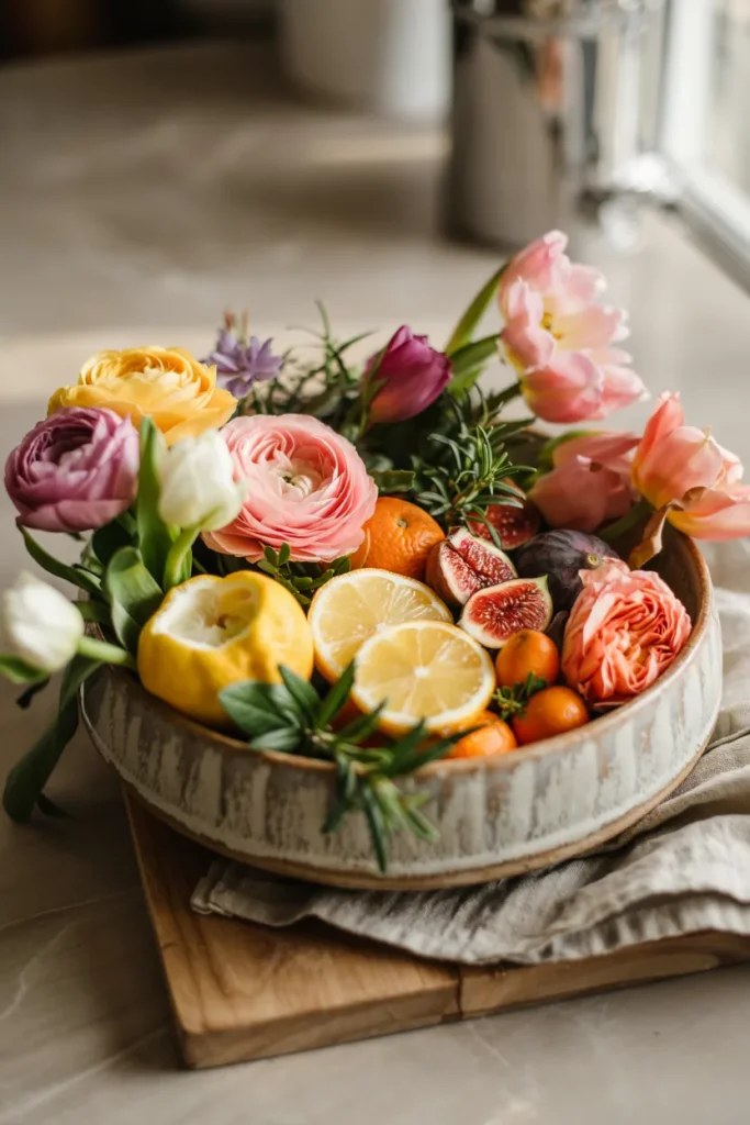 Stylish centerpiece showcasing spring flower colors and textures.