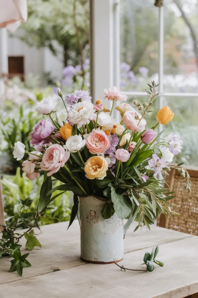 Brightly colored spring flower arrangements for festive decor.
