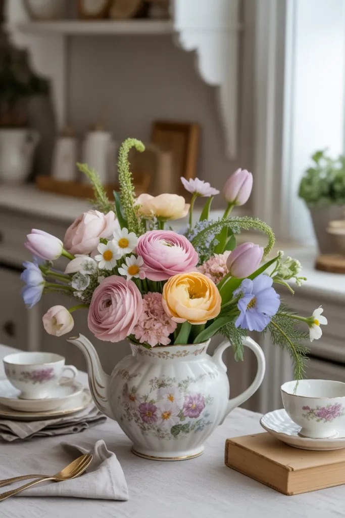 Charming kitchen display featuring cheerful floral designs.