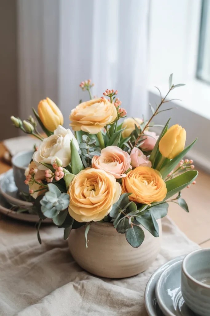 Minimalist tulip arrangement in a sleek tall vase.