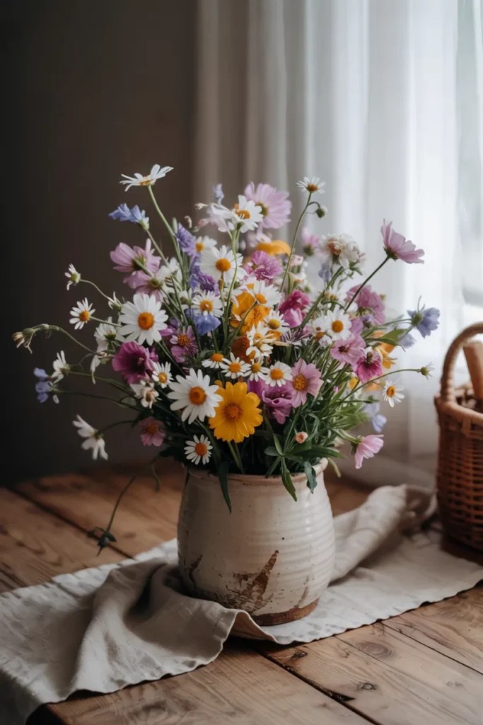 Dried pampas grass mixed with fresh spring flowers.