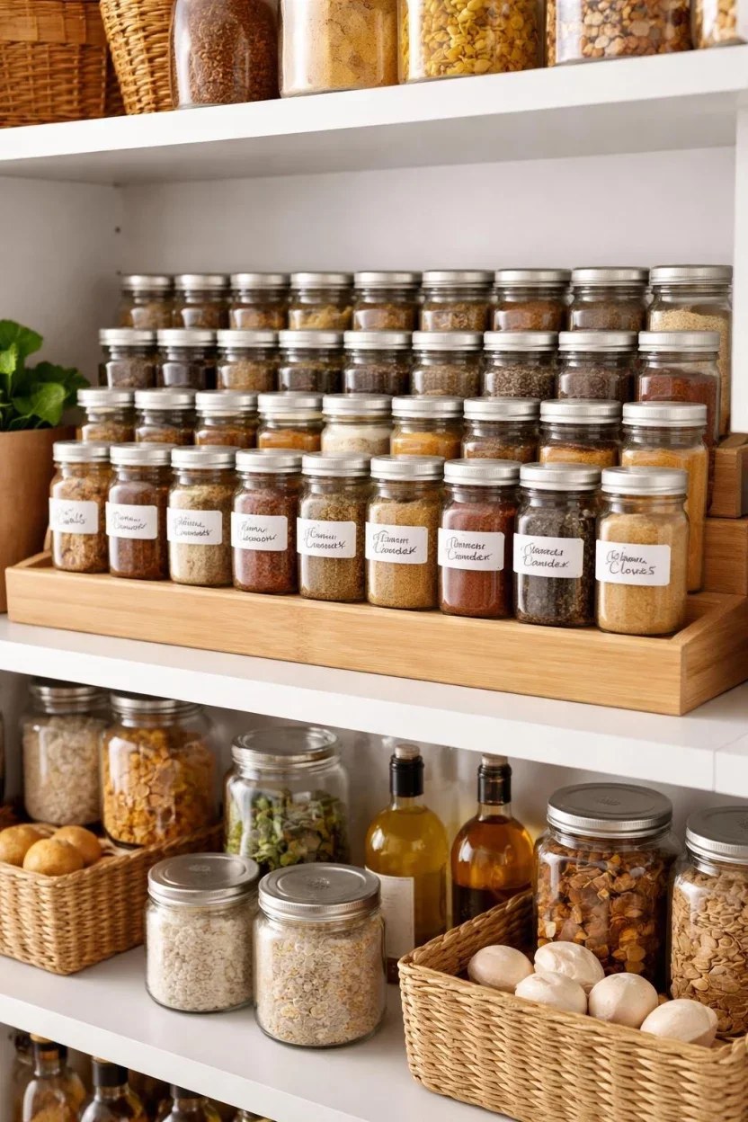Seasonal storage pantry with organized translucent bins