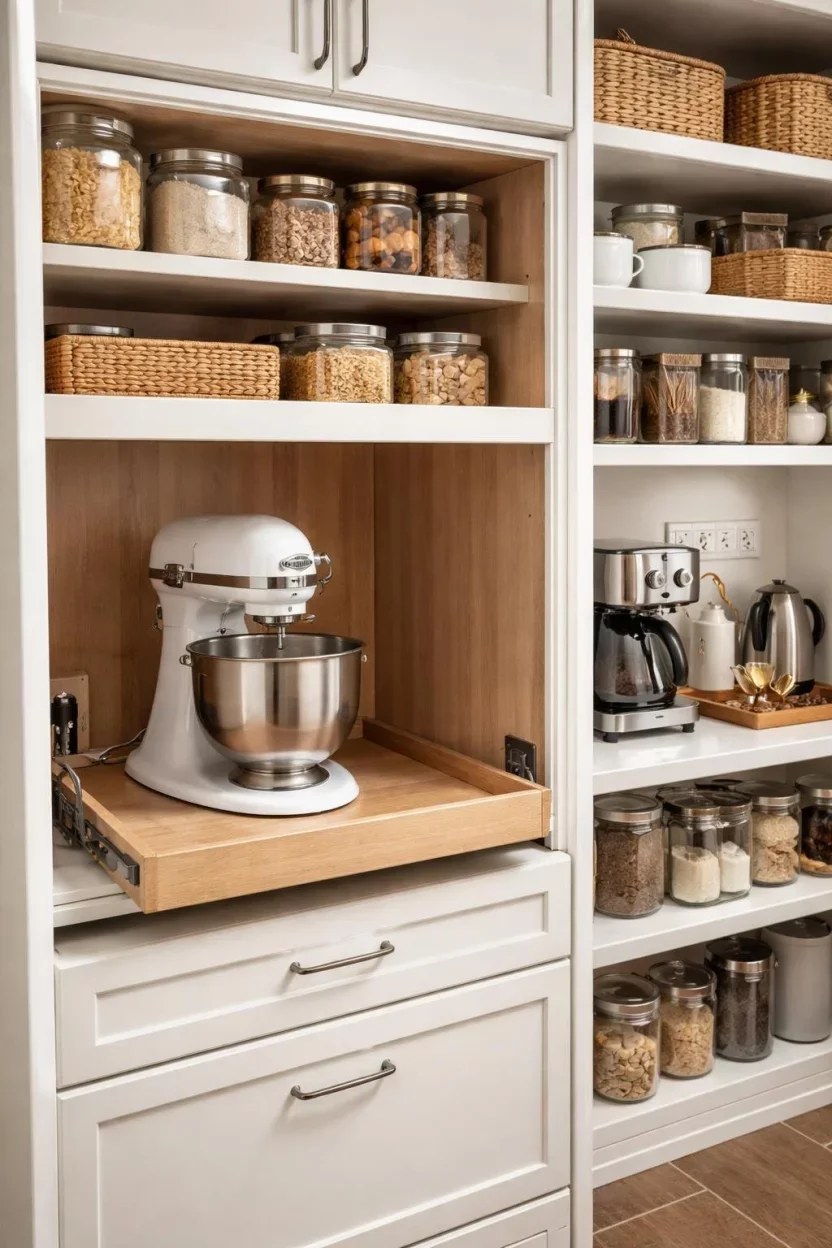 Sliding glass door pantry featuring stylish functional design