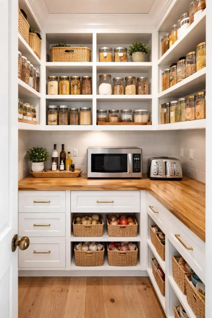 Rustic farmhouse pantry featuring woven baskets and wood