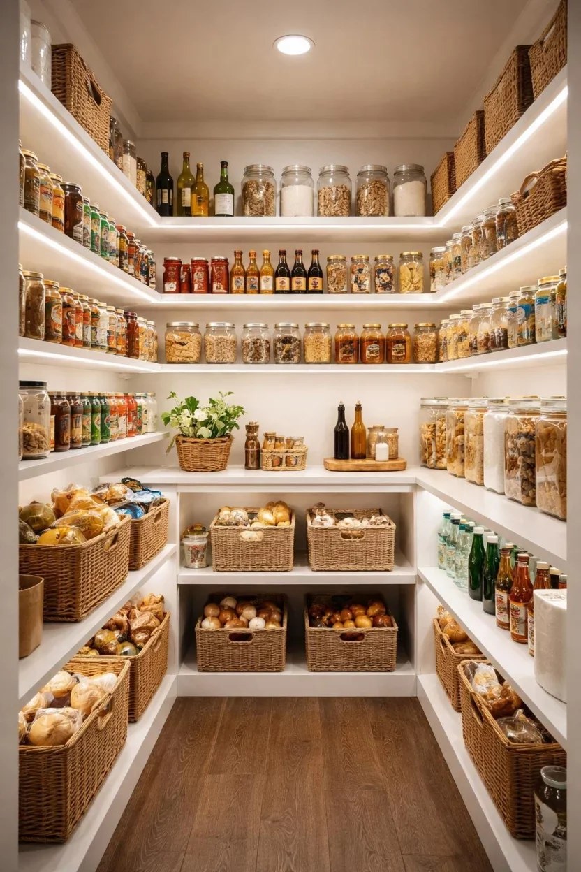 Modern industrial pantry showcasing metal shelves and accents
