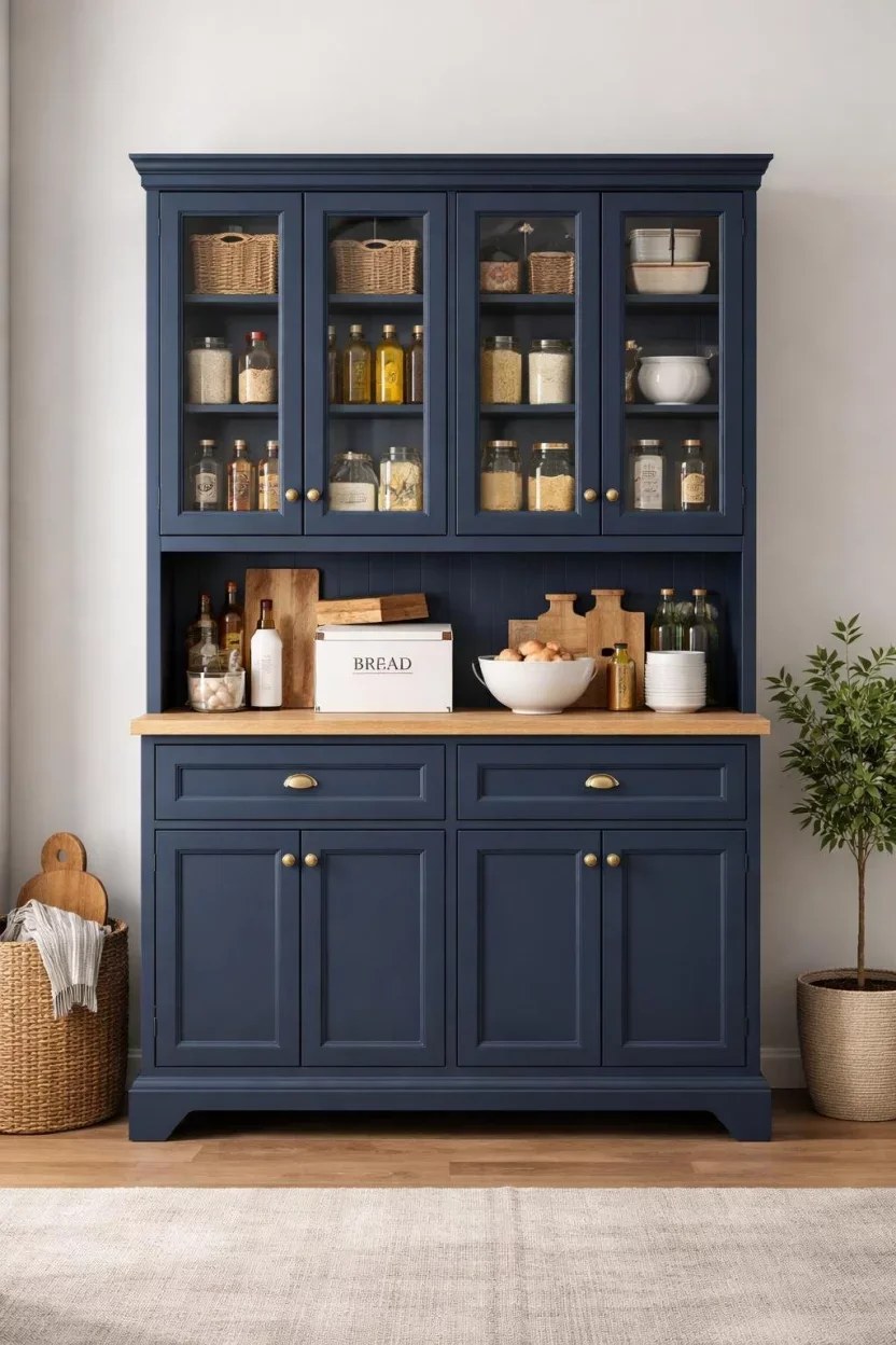 Vibrant colorful pantry design with bold painted shelves