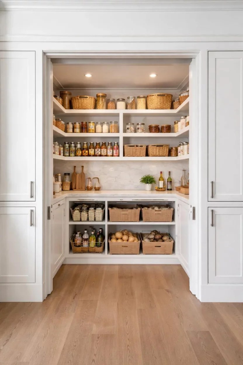 Open shelving pantry displaying jars and utensils creatively