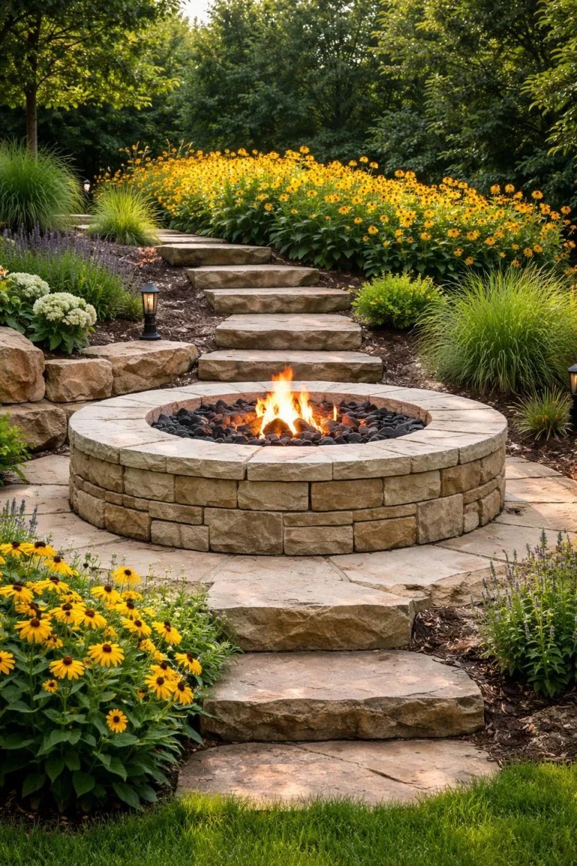 Modern concrete fire table with sleek outdoor lounge settings.