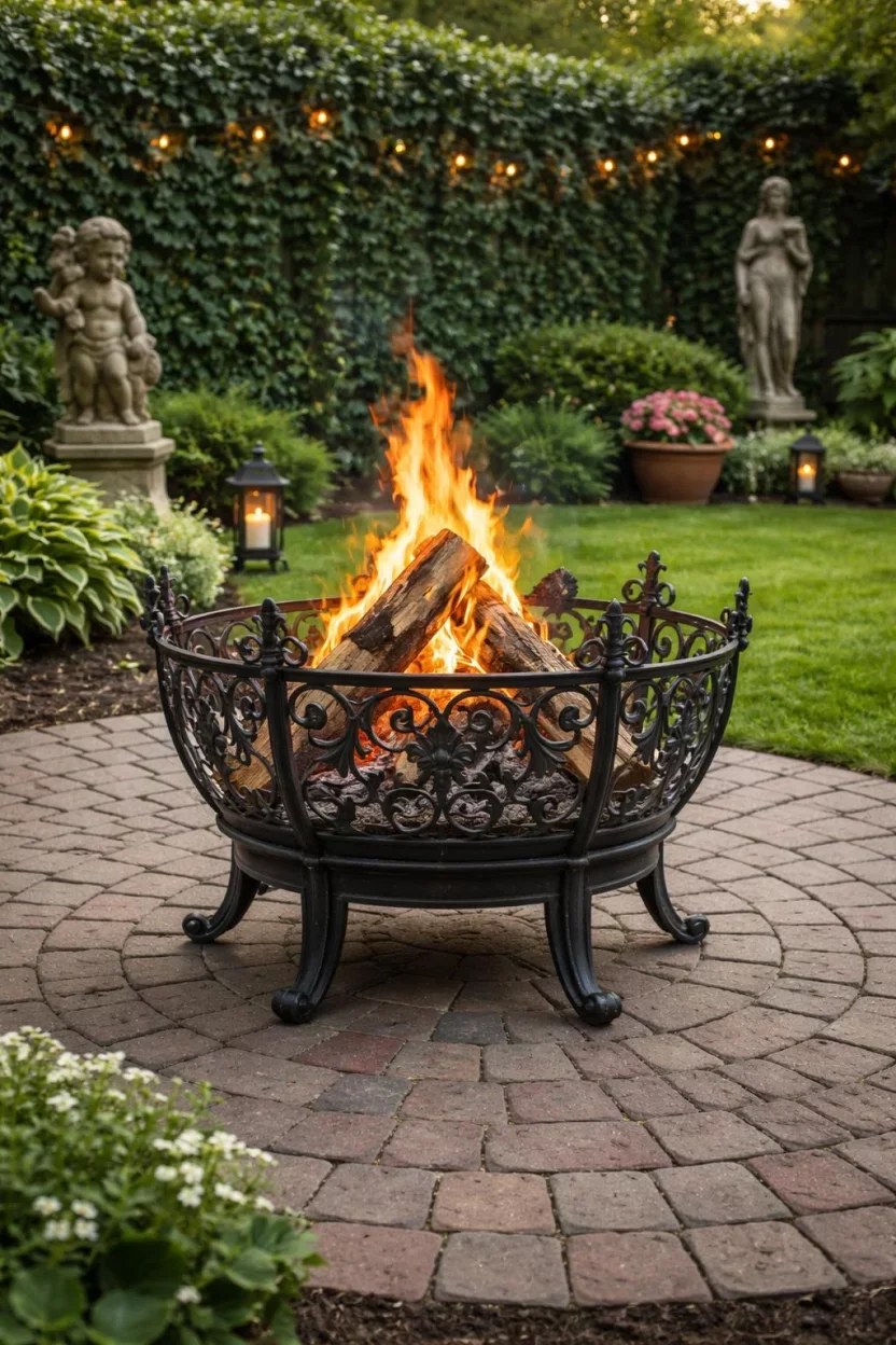 DIY fire pit built with paver stones in a cozy garden.