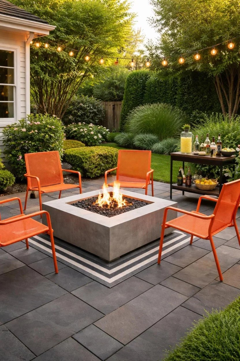 Circular fire pit with built-in seating for guests to enjoy.