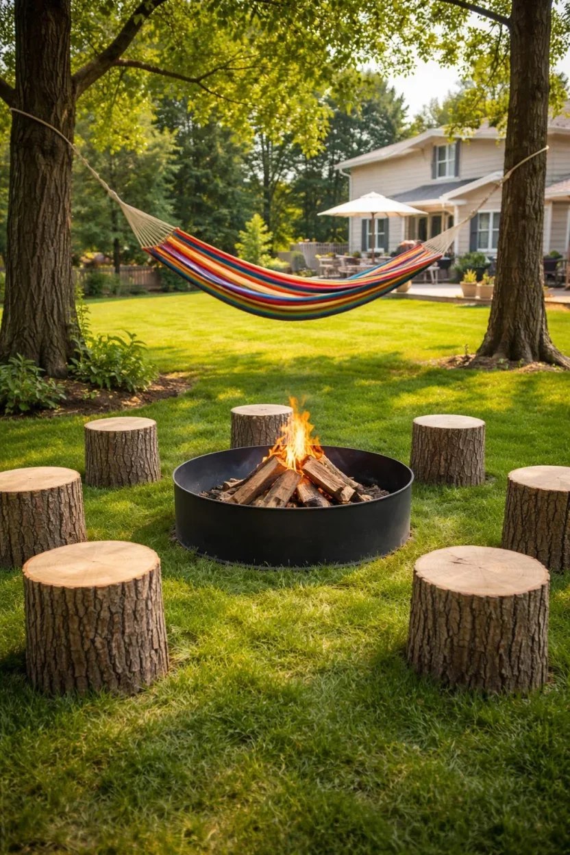 Hammock next to a fire circle for ultimate relaxation.