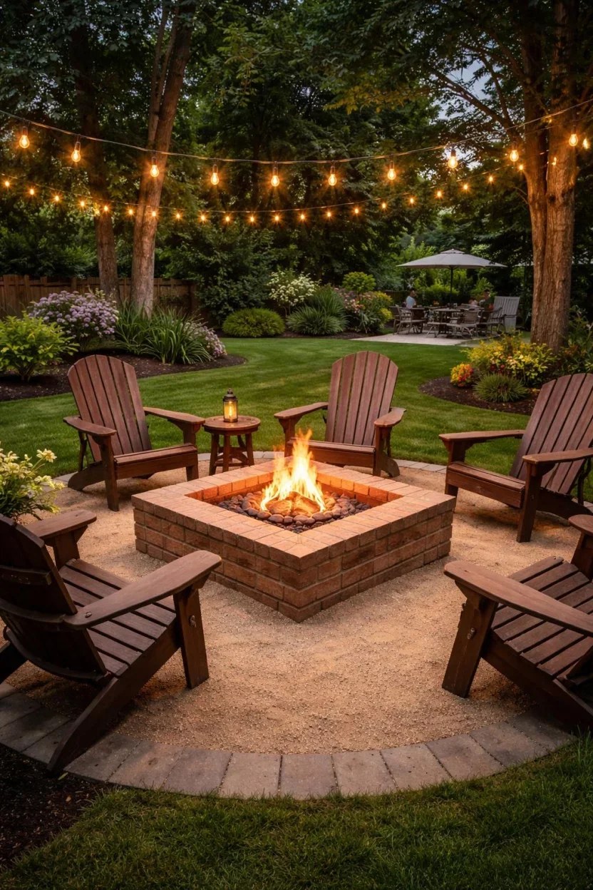 Timber fire pit with comfortable Adirondack chairs for storytelling.