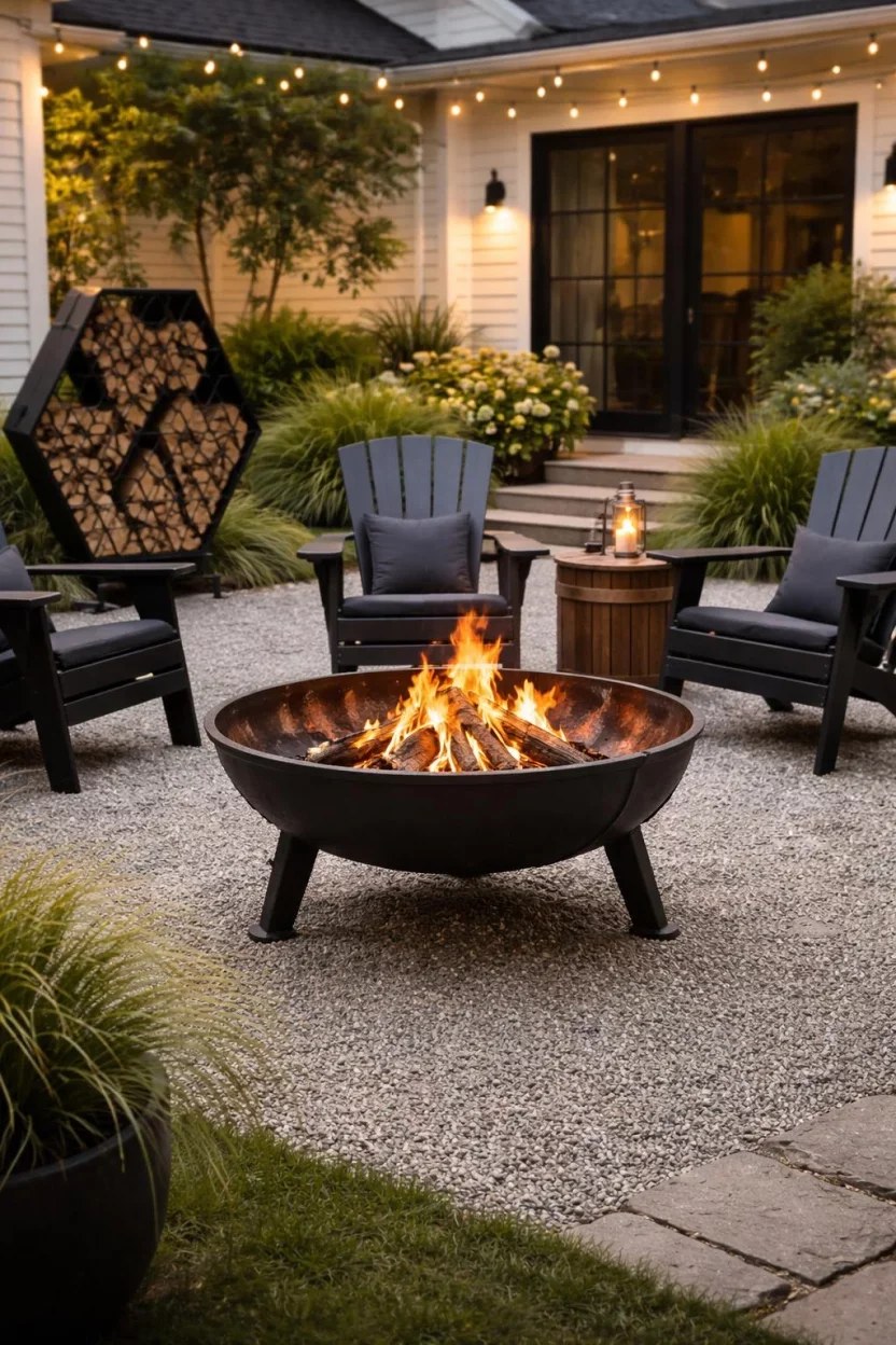 Sunken fire pit surrounded by comfortable seating for an intimate feel.