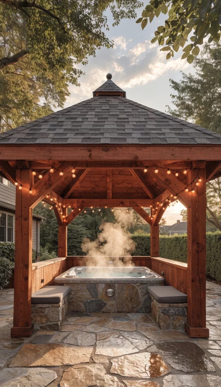 Cozy gazebo with vibrant textiles and comfortable seating