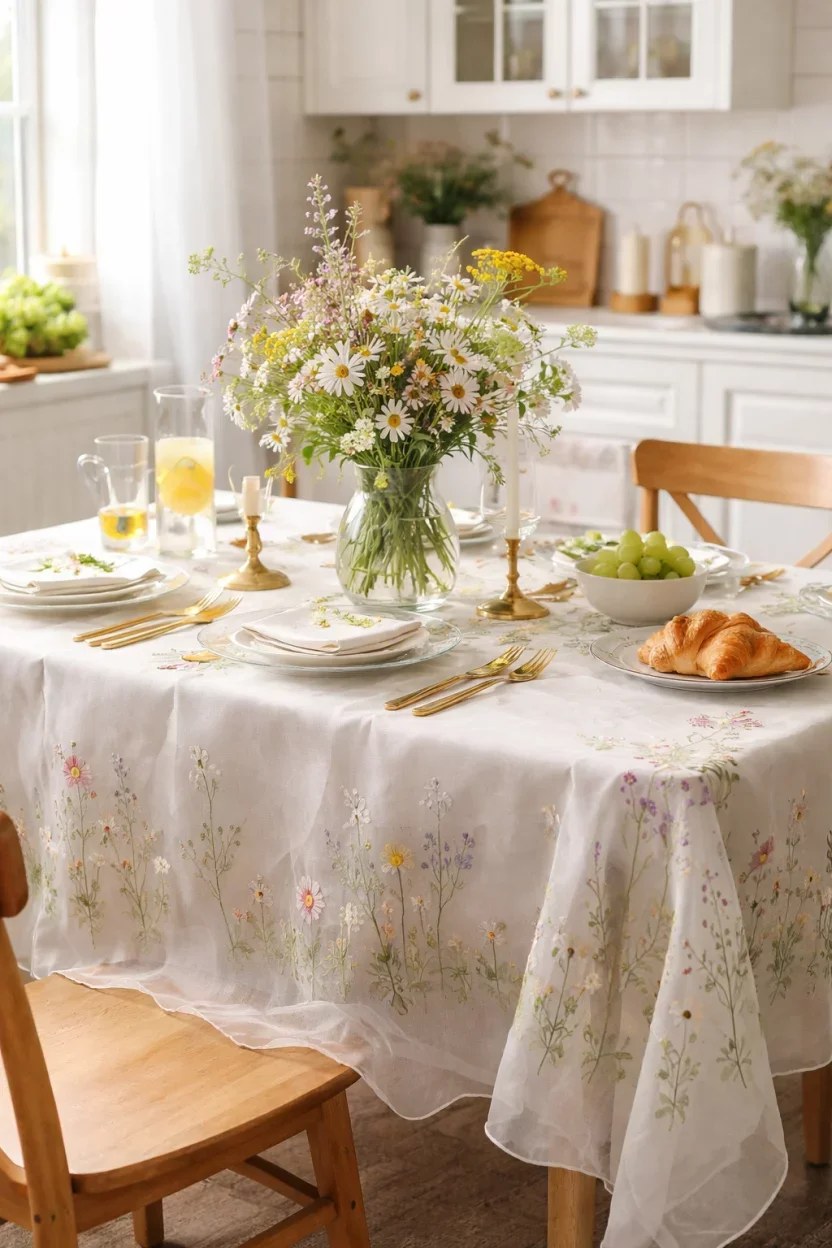 Light floral curtains fluttering in a sunlit kitchen.