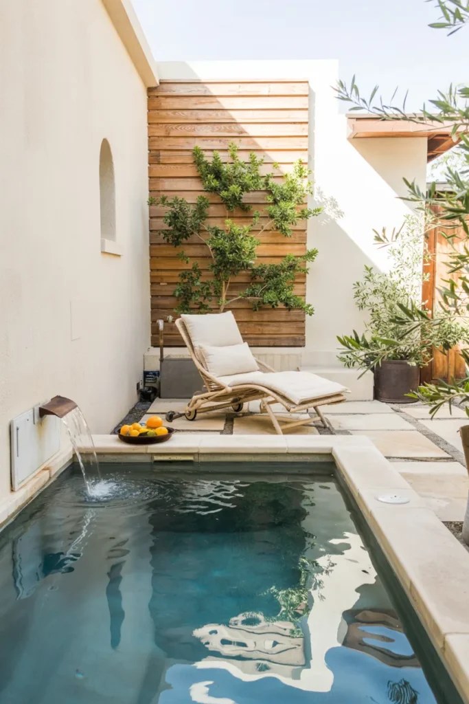 Artistic small plunge pool ideas featuring water fountains