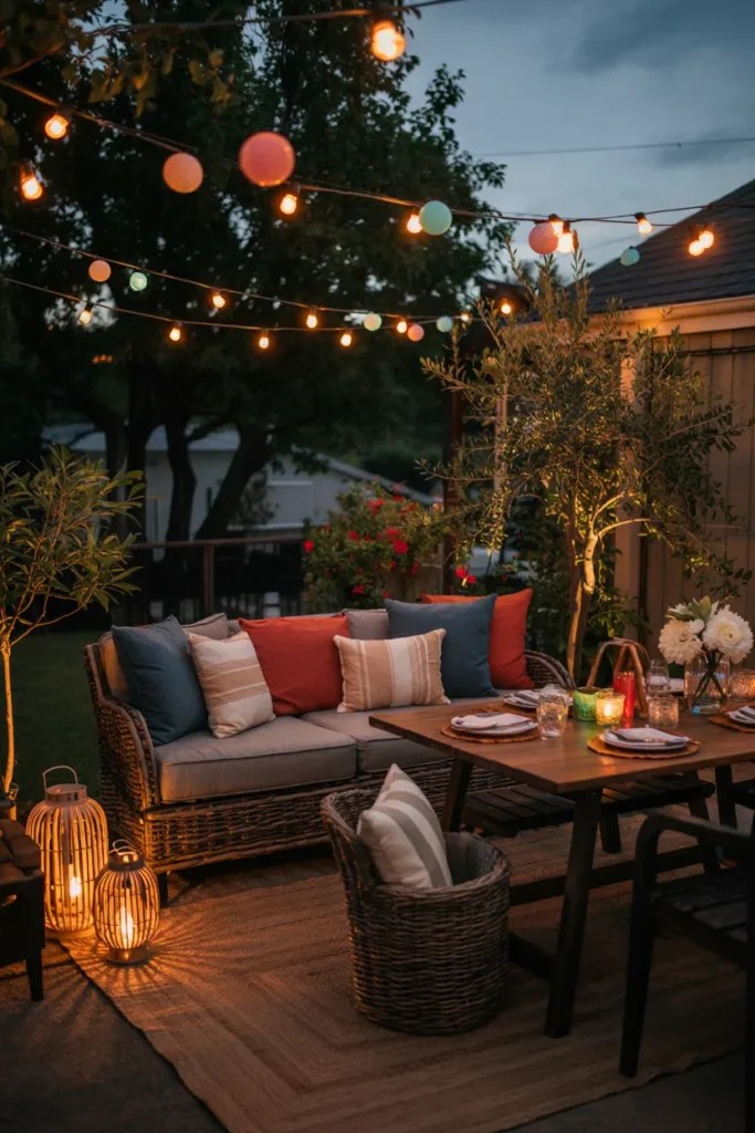 Inviting outdoor movie night setup with blankets and pillows
