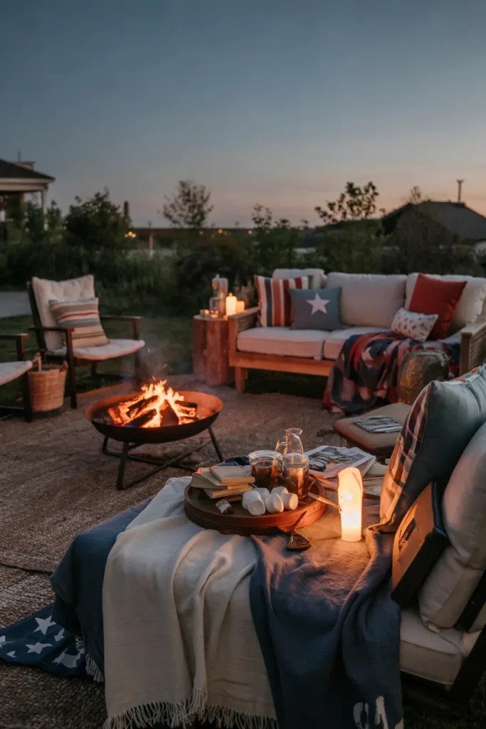 Cozy seating arrangement around a fire pit under the stars