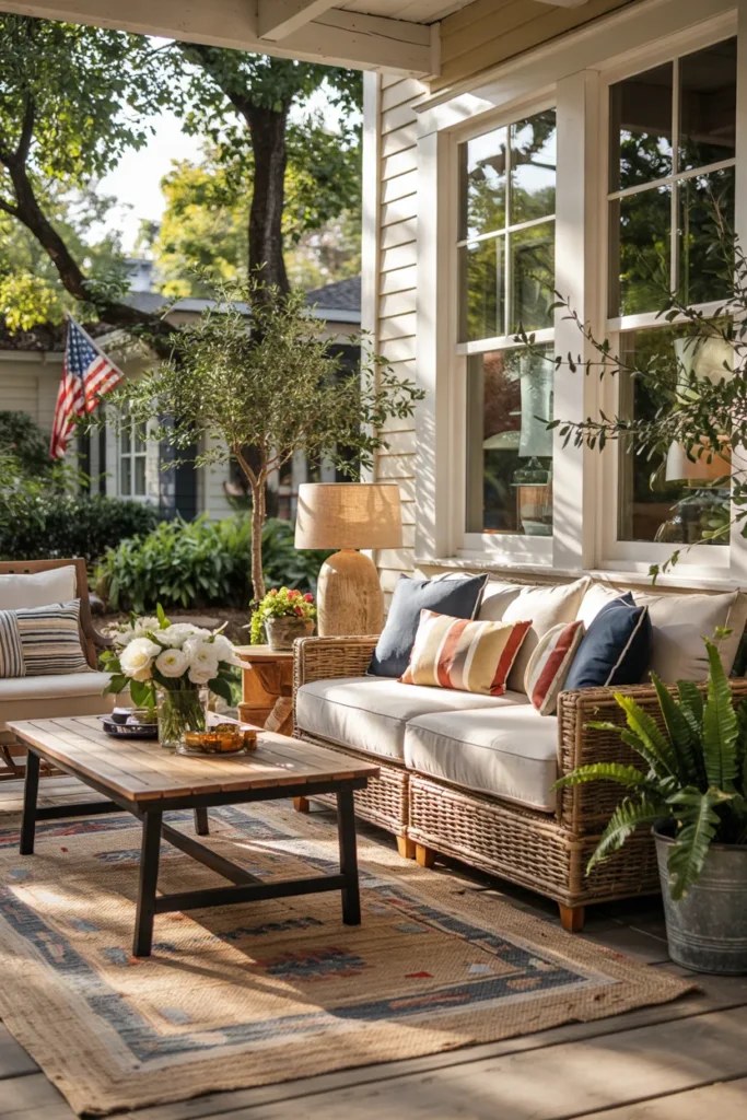 Vintage Americana decor with distressed wood and a weathered flag