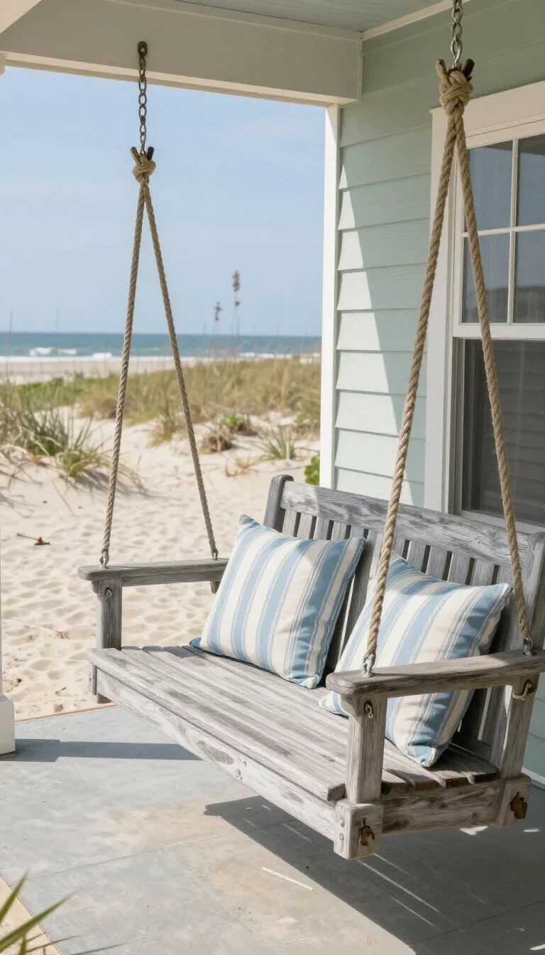 Farmhouse-style porch swing with shiplap backrest radiating rustic appeal.