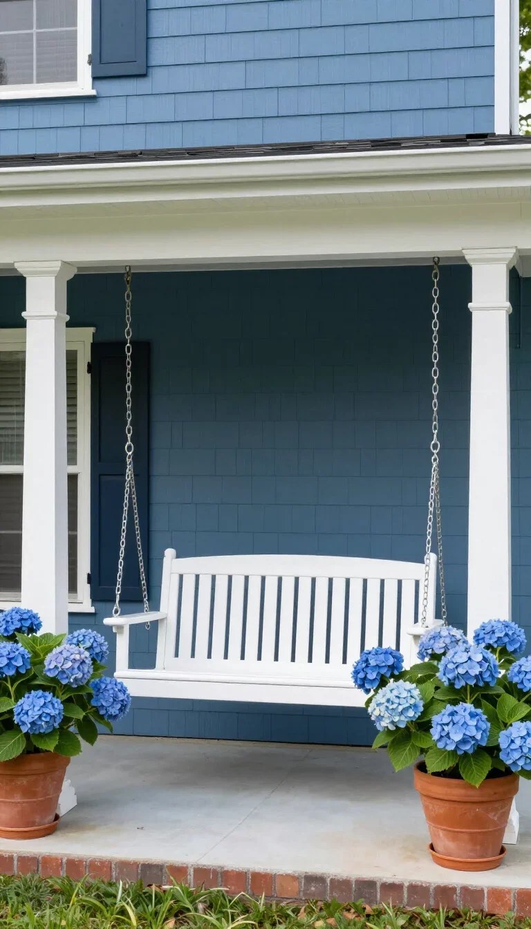 Bold colorful swing with canopy inviting playful decor to your porch.