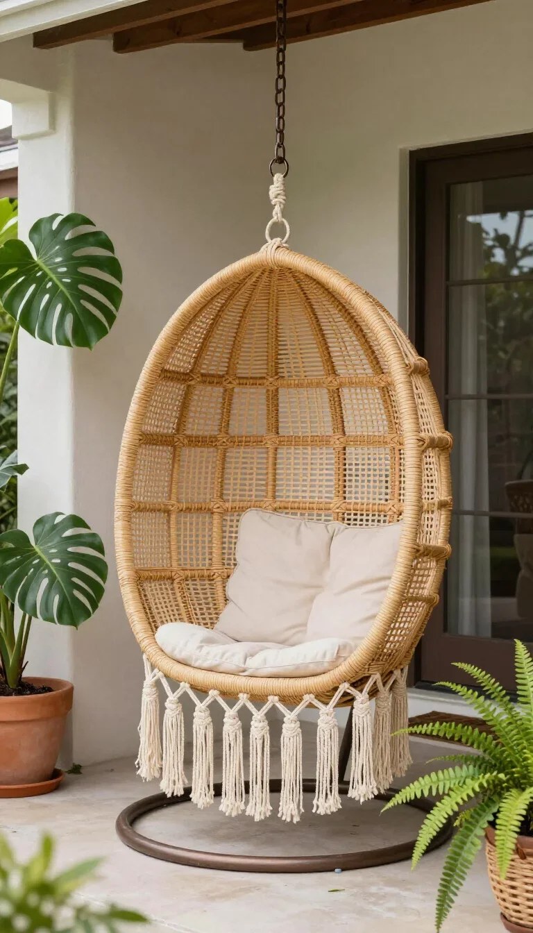 Cozy wooden swing with blanket enhancing the warmth of a cabin feel.