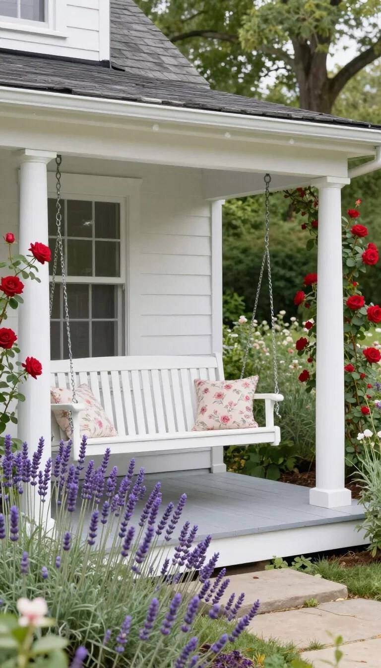Charming white porch swing adorned with floral arrangements for a garden feel.