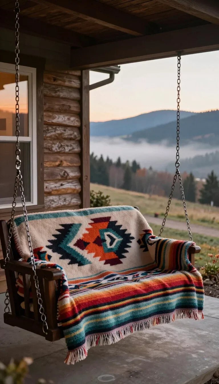 Cozy rustic porch swing with soft blanket creating a warm vibe.