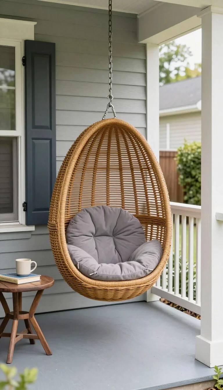 Industrial-style porch swing merging metal and wood for a chic appearance.