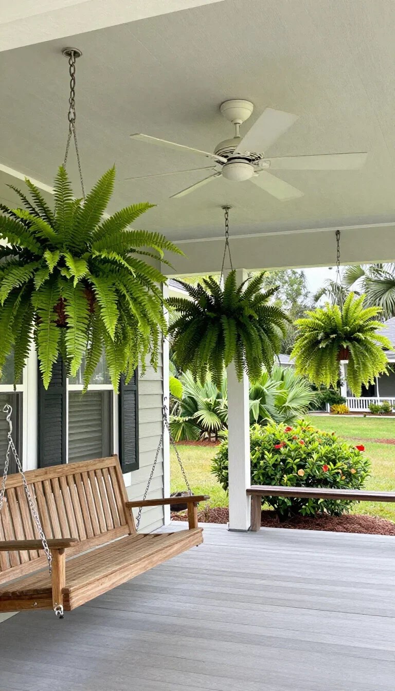 Geometric porch swing adding modern appeal with unique patterns.