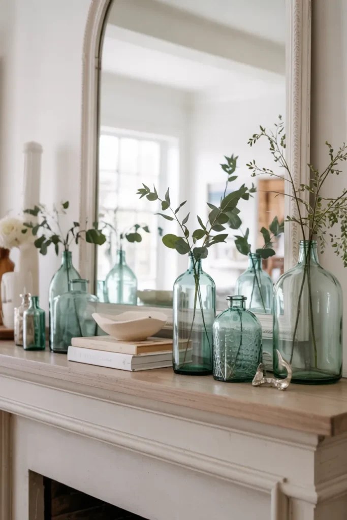 Brightly colored vases in summer mantel decor ideas