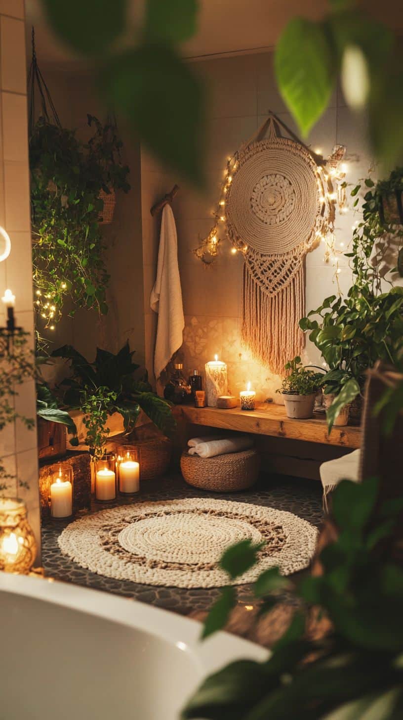 Witchy bohemian bathroom bringing earthy vibes with candles