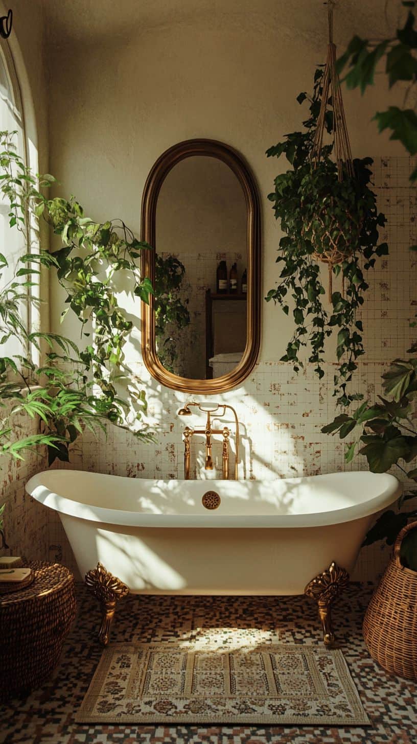 Vintage bohemian bathroom featuring clawfoot tub and rustic decor