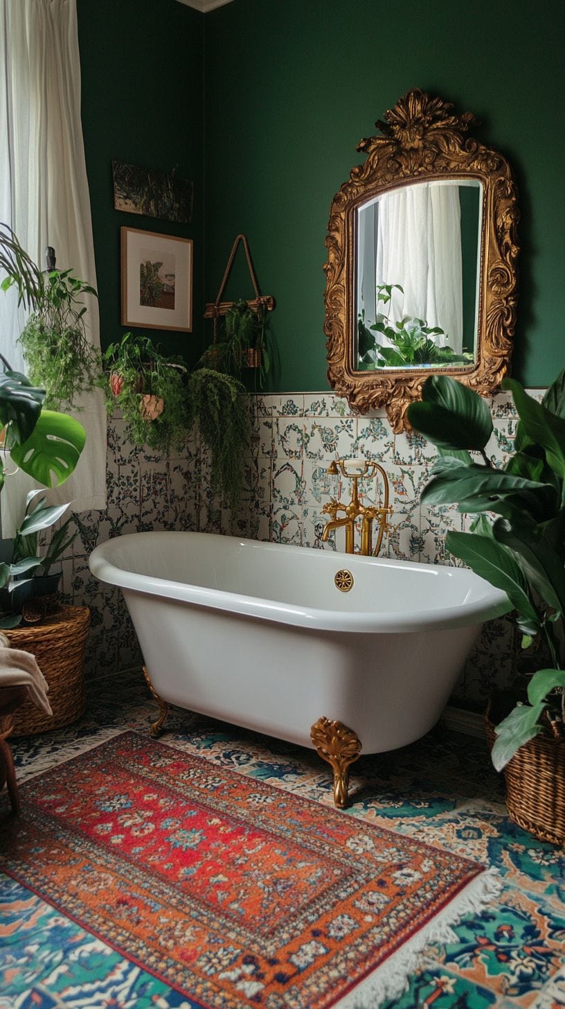 Eclectic bohemian bathroom displaying vibrant artwork and accessories