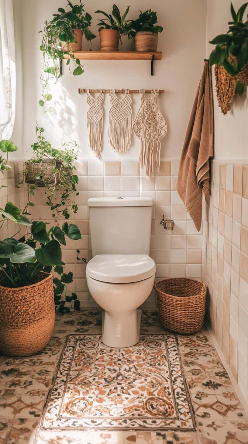 Cozy small bohemian bathroom adorned with vibrant decor