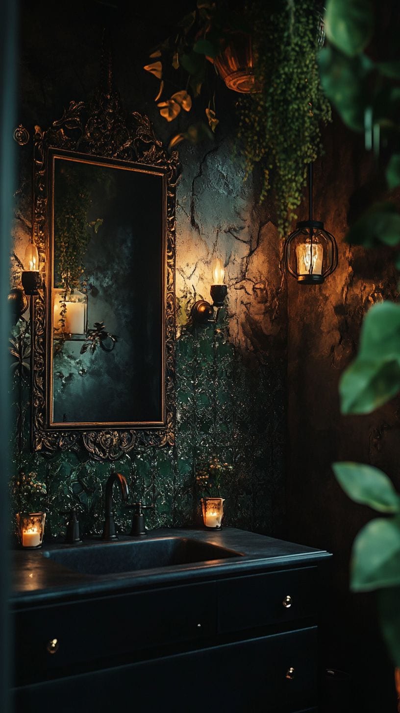 Dark bohemian bathroom creating a cozy and mystical feel