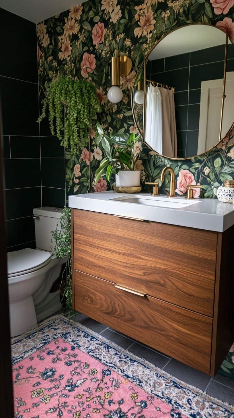 Whimsical small bathroom with playful wallpaper and golden fixtures