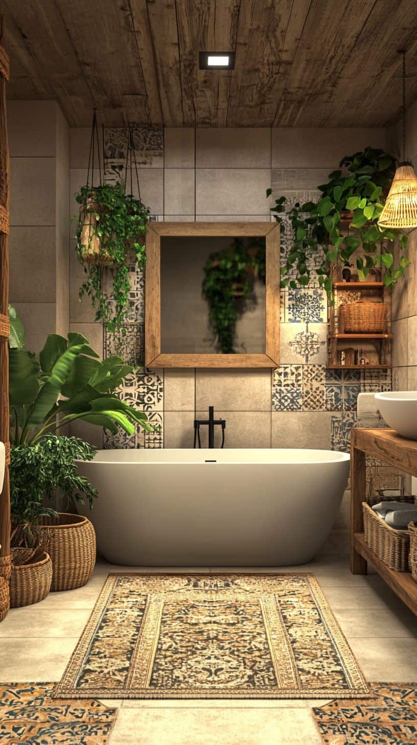 Chic bohemian bathroom filled with colorful textiles and plants