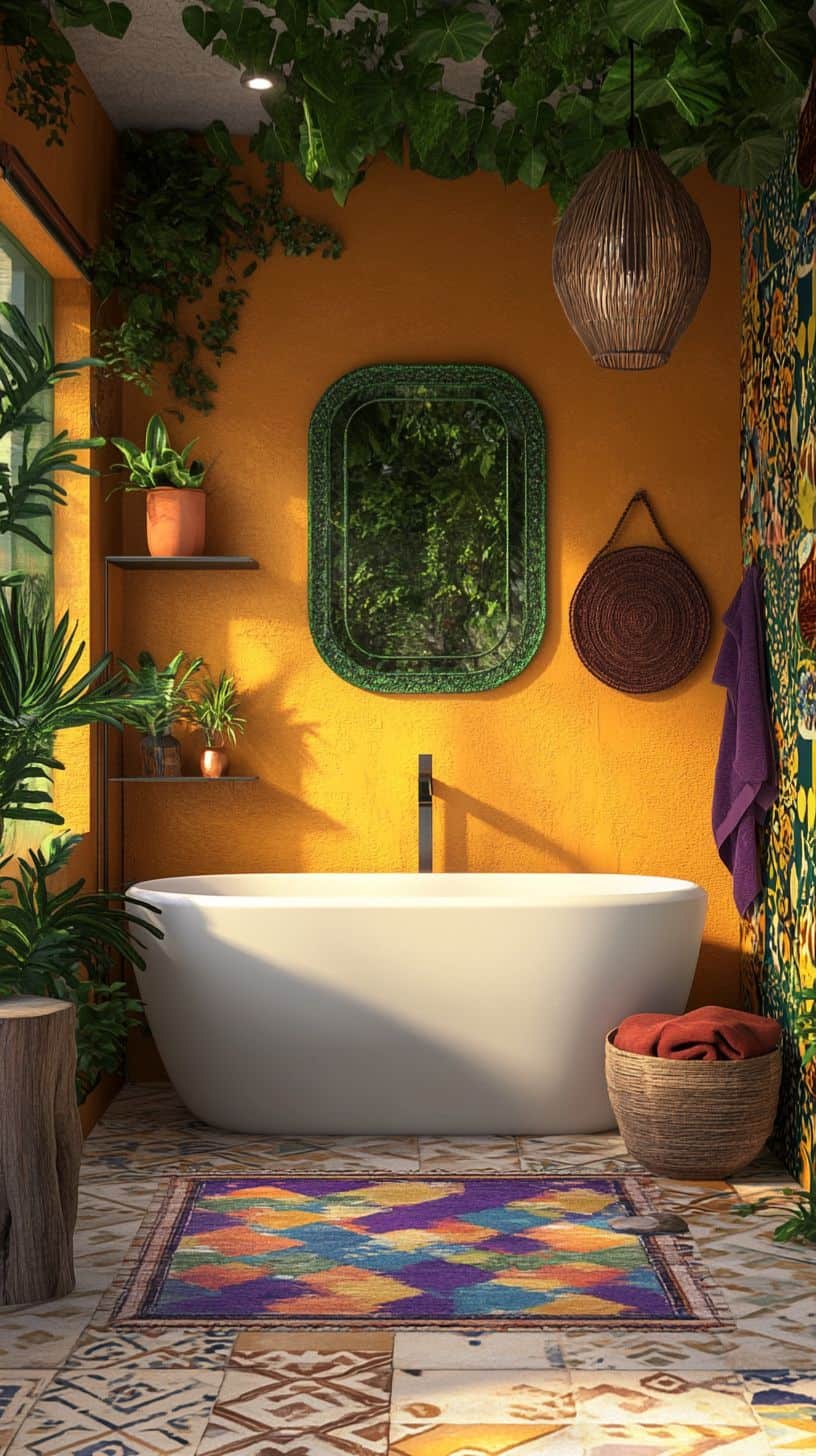 Funky bohemian bathroom showcasing bright colors and unique tiles