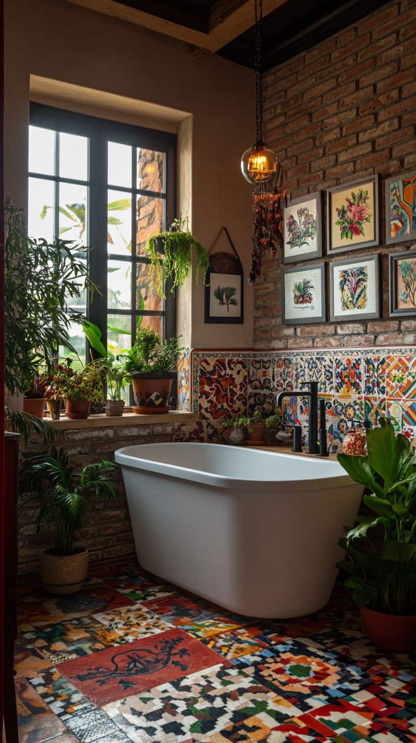 Colorful mosaic bathroom with striking patterned tiles