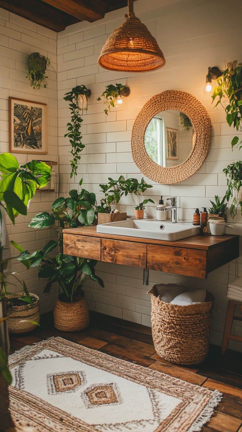 Stylish bohemian bathroom with modern vanity and warm accents