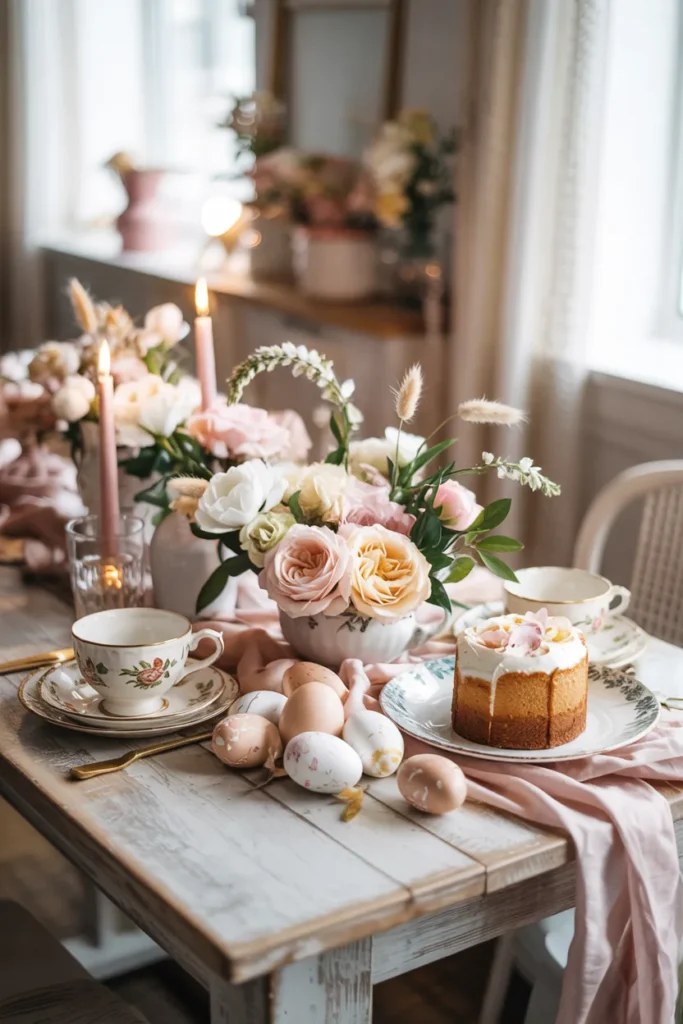 Sophisticated evening Easter tablescape ideas with golden accents