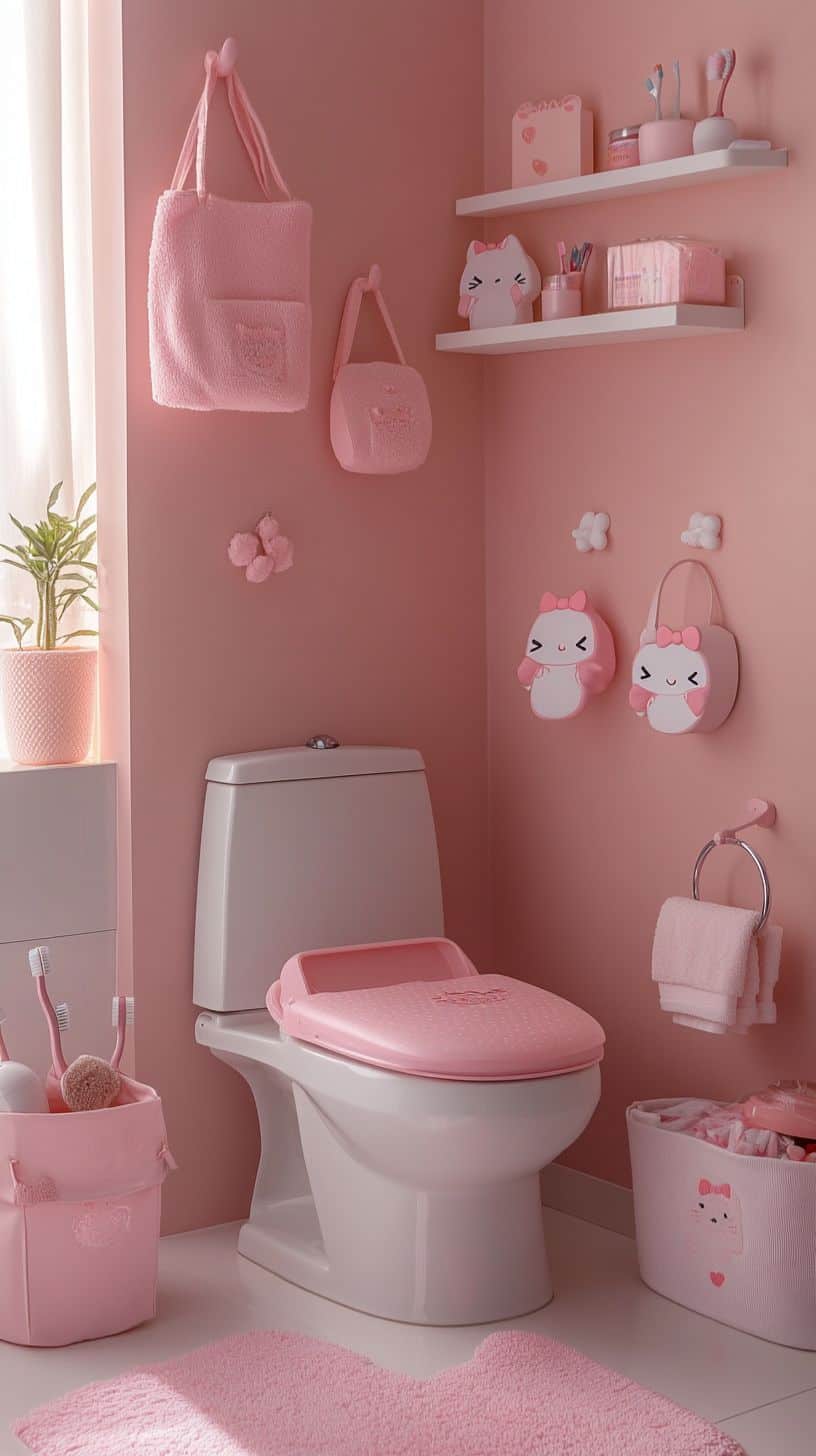 Cheerful bathroom with Hello Kitty toilet seat cover