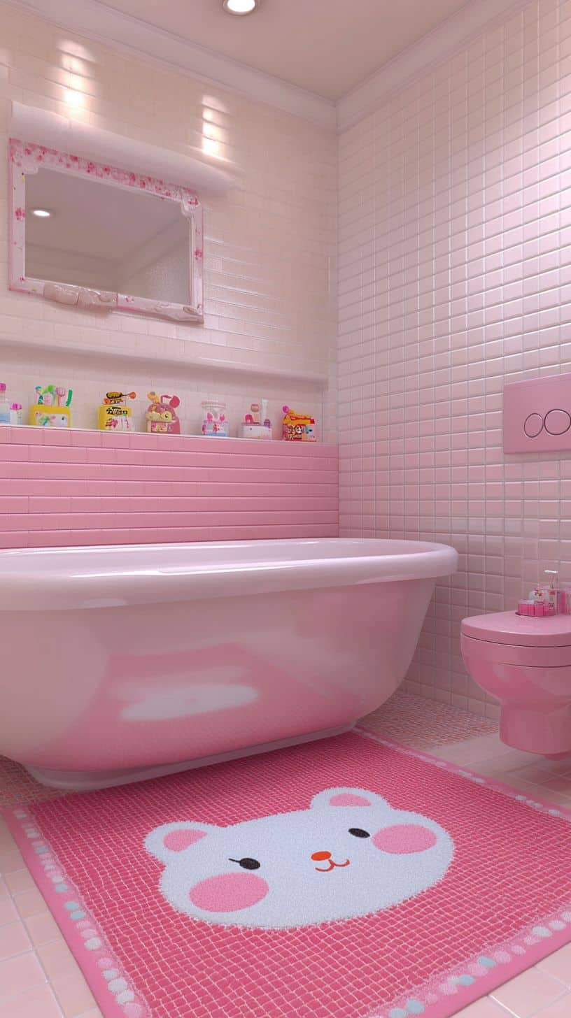Colorful Hello Kitty-themed kids bathroom setup