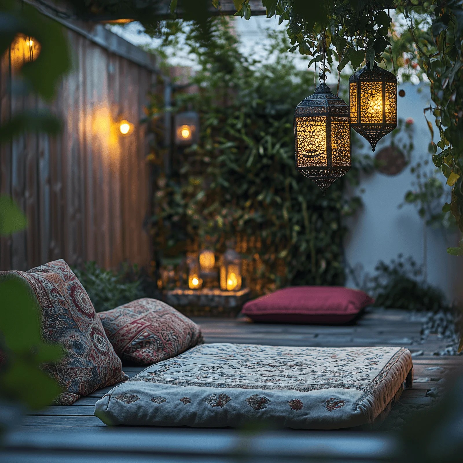 Eclectically styled backyard with layered textures and colors.