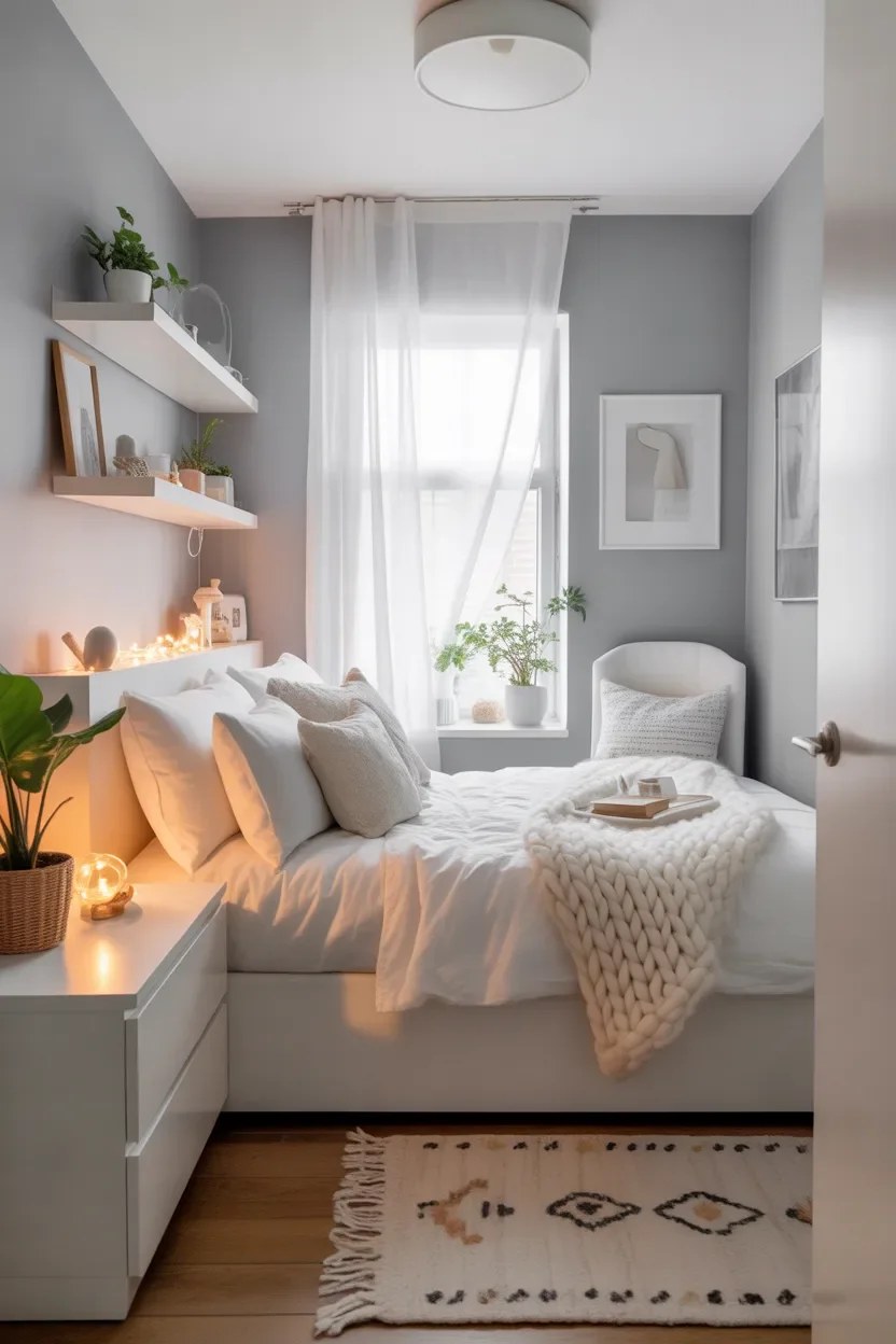 Cozy minimalist bedroom with floating shelves and soft tones.